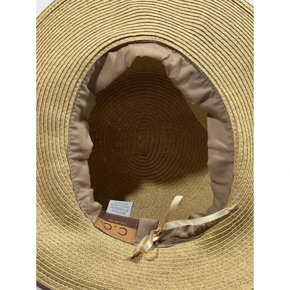 CC Sunshade Hat Womens Tan Pink Bow Wide Brim Coastal Cottagecore Beach